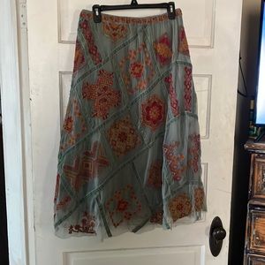 Sundance 2 layer midi skirt size small teal with gold and raspberry embroidery